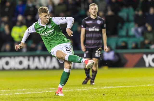 Florian Kamberi nets the opener on his Hibs debut. Picture: SNS