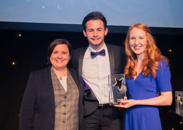 Kieran Skelton from the University of Stirling collects the Marketing Student of the Year award from Susan Walkinshaw of Maxxium and presenter Susan Calman