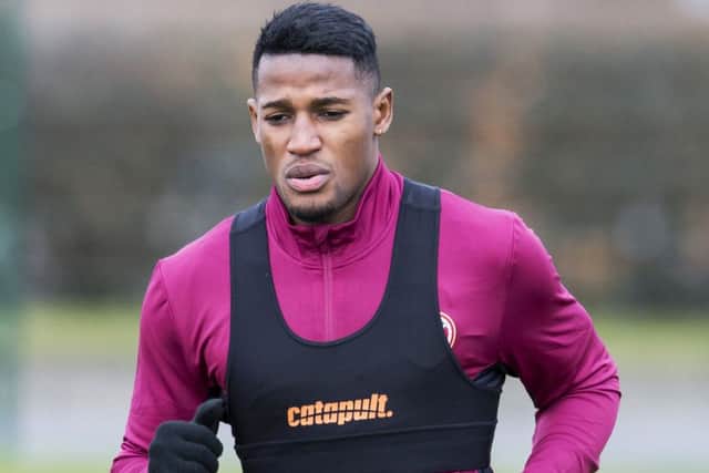 Joaquim Adao in training this week after arriving at Tynecastle on loan from Swiss club FC Sion. Picture: SNS.