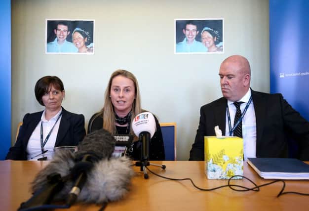 From left, family liaison officer Sharon Gillespie, Amanda Digby, sister of Paul Mathieson, and DCI Martin Fergus during a police press conference at Paisley Police Station. Picture: PA