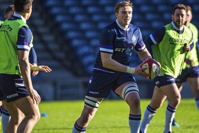 Scotland lock Jonny Gray gets his hands on the ball in the Captain's Run at BT Murrayfield. Picture: SNS/SRU