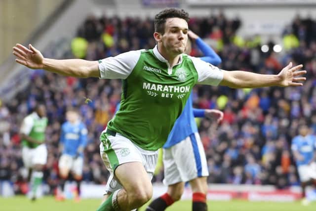 Hibernian's John McGinn celebrates after opening the scoring. Picture: SNS/Rob Casey