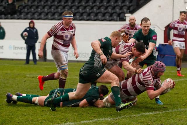Craig Borthwick blasts his way through the Hawick defence for the Myreside teams bonus-point try. Photograph: Scott Louden