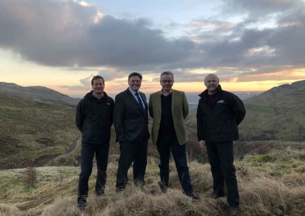 Stuart Goodall, Chief Executive, Confor; Stephen Kerr, MP for Stirling; Michael Gove, Secretary of State for the Environment, Food and Rural Affairs; Tim Liddon, Forestry Director, Tilhill Forestry at UKs largest new forest in the Ochils