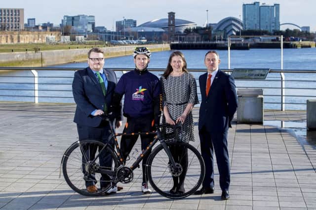 From left, councillor David McDonald, former Scottish road race champion James McCallum, minister for sport Aileen Campbell MSP and East Dunbartonshire Council depute chief executive Thomas Glen announce the 2018 competition routes. Picture: Bill Murray/SNS