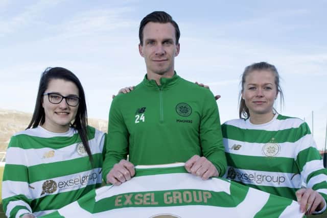06/02/18
 LENNOXTOWN 
 (L-R) Celtic's Keena Keenan, Dorus de Vries and Ruesha Littlejohn  are pictured as Exsel Group are announced as shirt sponsors of Celtic's Women's team