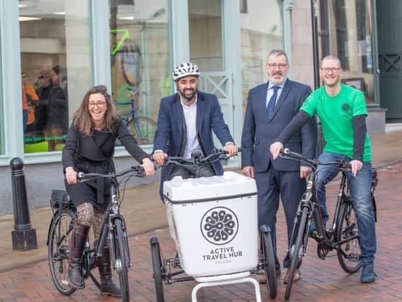 Forth Environment Link chief executive Clara Walker with transport minister Humza Yousaf, Falkirk Council growth and investment manager 
Pete Reid and Falkirk Active Travel Hub co-ordinator Ray Burr. Picture:  Falkirk Active Travel Hub