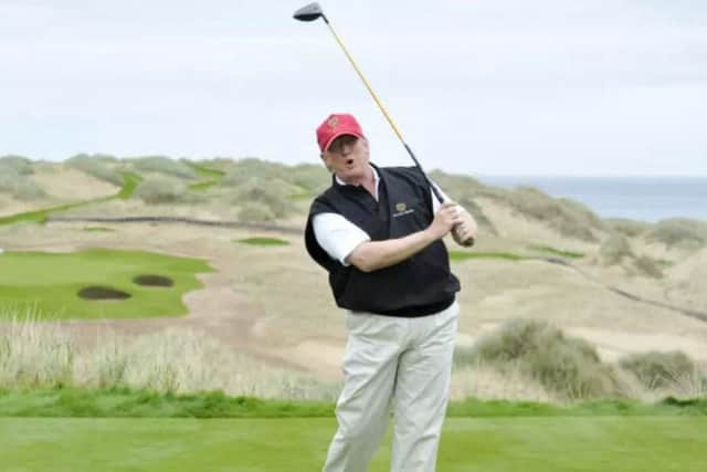 US president Donald Trump on the 13th tee of the golf course on the Menie Estate, Balmedie, Aberdeenshire. Picture: Dan Phillips.