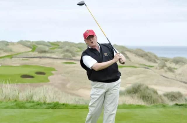 US president Donald Trump on the 13th tee of the golf course on the Menie Estate, Balmedie, Aberdeenshire. Picture: Dan Phillips.