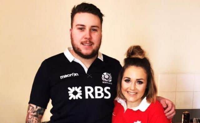 Scotland fan Kyle Muir, left, with Wales-supporting fiancee Kate Harwood. The pair got engaged at the Wales v Scotland Six Nations match. Picture: Contributed/KateHarwood