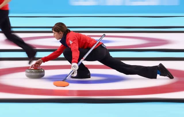Eve Muirhead  in action during the bronze medal match between Switzerland and Great Britain at the Sochi Winter Olympics in 2014.