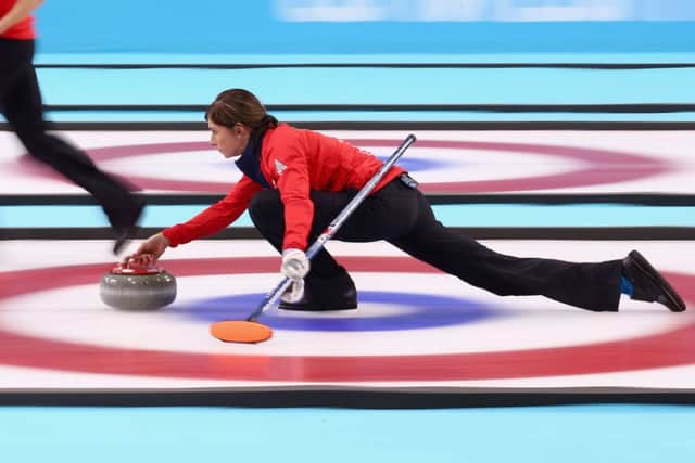 Eve Muirhead  in action during the bronze medal match between Switzerland and Great Britain at the Sochi Winter Olympics in 2014.