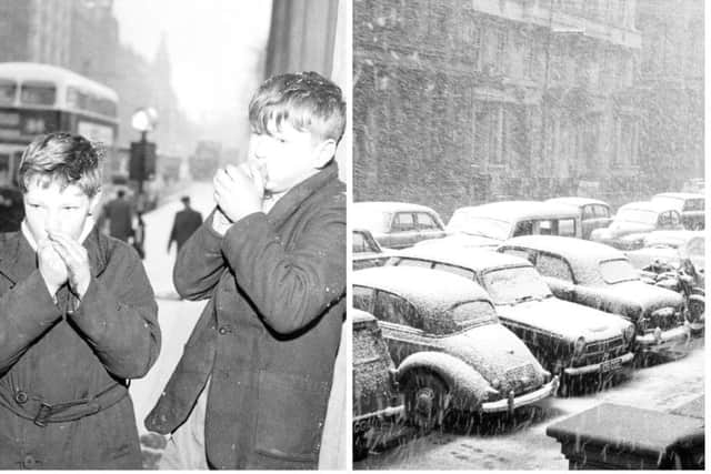 Boys in Edinburgh warm their hands in Edinburgh during a cold 1963 winter's day and snow storm blasts Glasgow in the same year. Pictures: TSPL