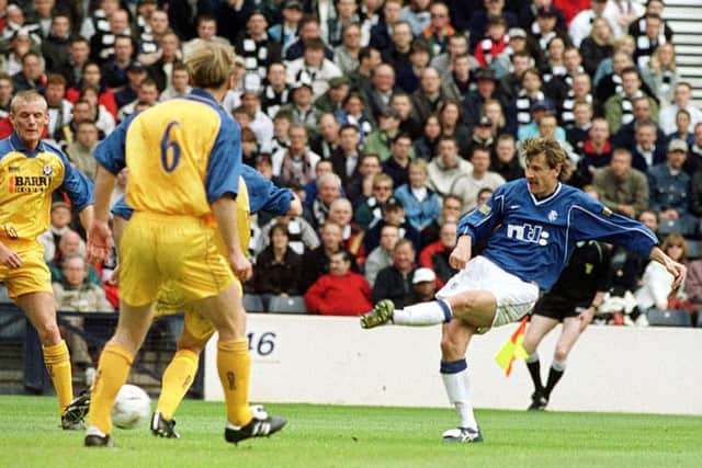 Andrei Kanchelskis scores Rangers' second goal during the 7-0 win over Ayr United in the 2000 Scottish Cup semi-final. Picture: SNS