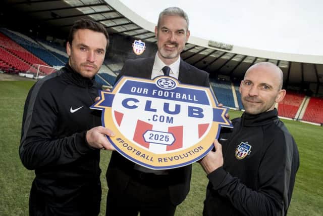 Edusport Academy owner Chris Ewing, centre, launches ourfootballclub.com with head coach Ricky Waddell and assistant Colin Cameron. Picture: SNS