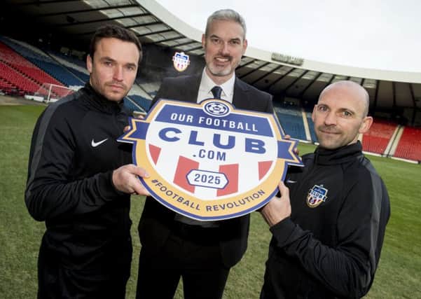 Edusport Academy owner Chris Ewing, centre, launches ourfootballclub.com with head coach Ricky Waddell and assistant Colin Cameron. Picture: SNS