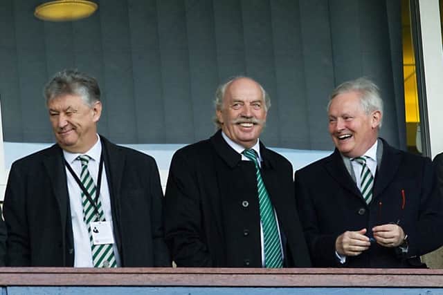 Celtic chairman Ian Bankier, right, with chief executive Peter Lawwell, left, and major shareholder Dermot Desmond, centre. Picture: John Devlin