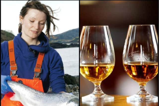 Scottish salmon and whisky exports have risen sharply over the past year.