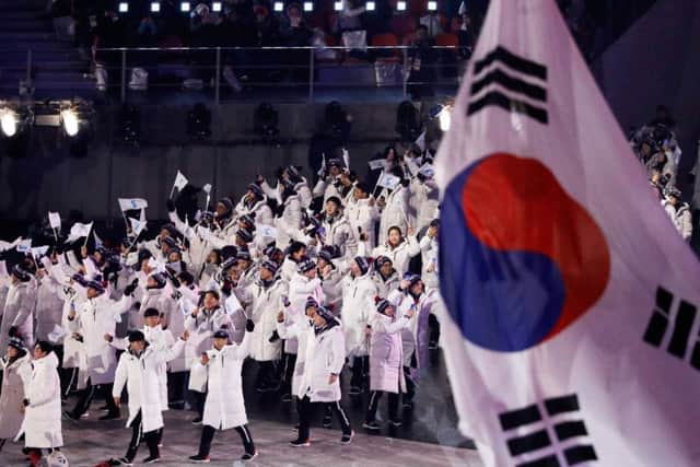 The North Korea and South Korea Olympic teams enter together under the Korean Unification Flag during the Opening Ceremony of the PyeongChang 2018 Winter Olympic Games. Picture: David J. Phillip/Getty Images