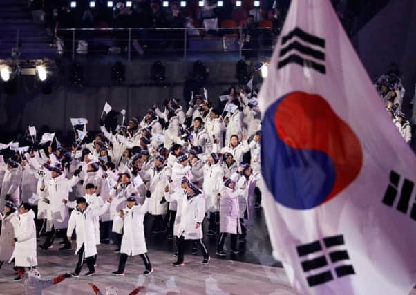 The North Korea and South Korea Olympic teams enter together under the Korean Unification Flag during the Opening Ceremony of the PyeongChang 2018 Winter Olympic Games. Picture: David J. Phillip/Getty Images