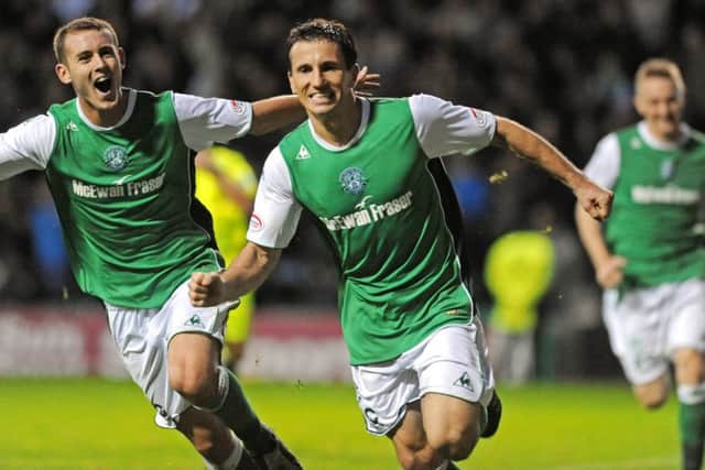 Miller celebrates a goal for Hibs in a victory over Aberdeen at Easter Road. Picture: Phil Wilkinson
