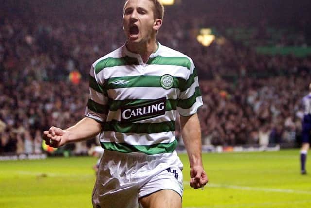 Miller roars his delight after netting for Celtic against Anderlecht in November 2003. Picture: SNS Group