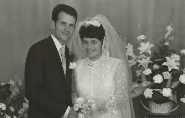 Jean Bernardi and Evelyn Swankie on their wedding day. The couple met at Scotland-France game in 1968 at Murrayfield. Picture: Contributed