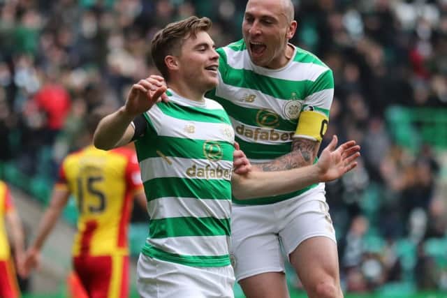 Jame Forrest celebrates after putting Celtic ahead. Picture: PA/Andrew Milligan