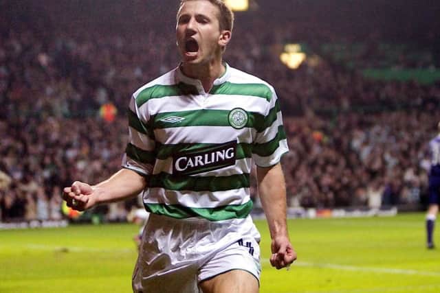 Liam Miller celebrates scoring for Celtic against Anderlecht in the Champions League. Picture: Bill Murray/SNS