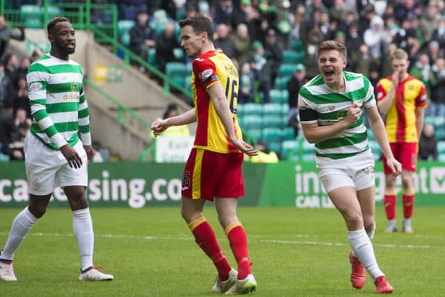 Celtic's James Forrest celebrates after completing his hat-trick. Picture: SNS/Craig Foy
