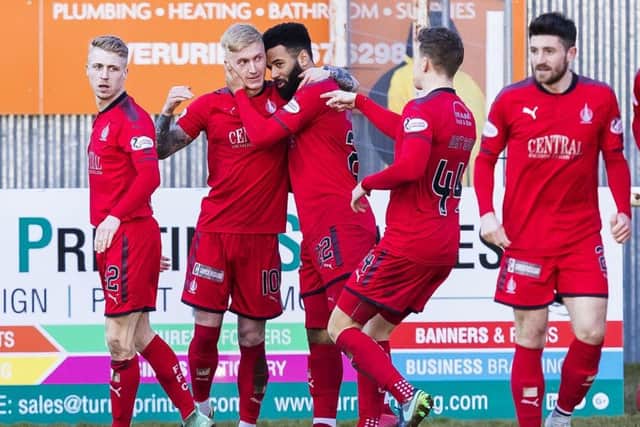 Falkirk's Craig Sibbald celebrates after giving his side a 2-1 lead. Picture: SNS/Roddy Scott