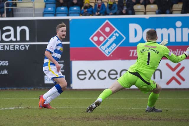 Frank Ross scores to put Morton ahead. Picture: SNS/Bill Murray