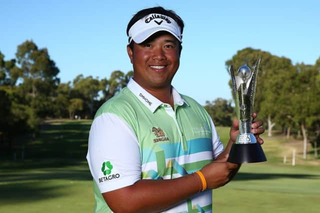 Kiradech Aphibarnrat with the ISPS Hands World Super 6 trophy in Perth. Picture: Getty Images