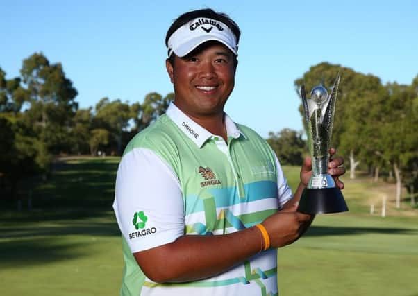 Kiradech Aphibarnrat with the ISPS Hands World Super 6 trophy in Perth. Picture: Getty Images