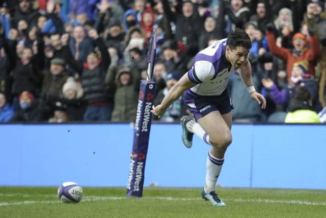Sean Maitland touches down for Scotland during a tough opening half. Picture: Neil Hanna