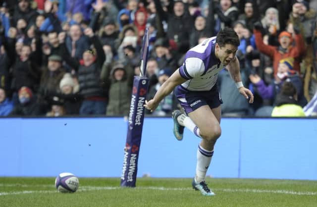Sean Maitland touches down for Scotland during a tough opening half. Picture: Neil Hanna
