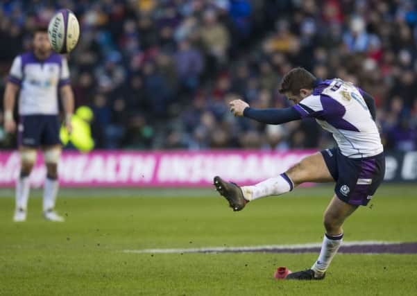 Greig Laidlaw kicks through one of his six successful penalties on the day. Picture: SNS