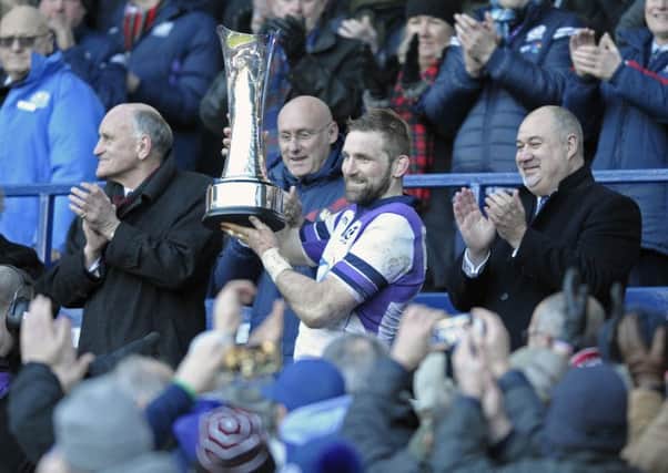 Scotland captain John Barclay  with the Auld Alliance trophy after yesterdays victory. Picture: Neil Hanna.