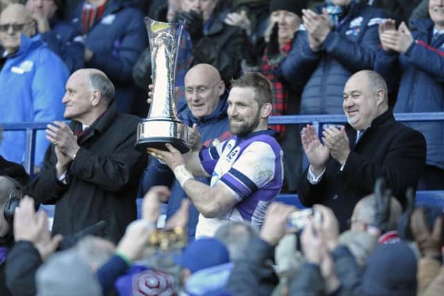 Scotland captain John Barclay  with the Auld Alliance trophy after yesterdays victory. Picture: Neil Hanna.