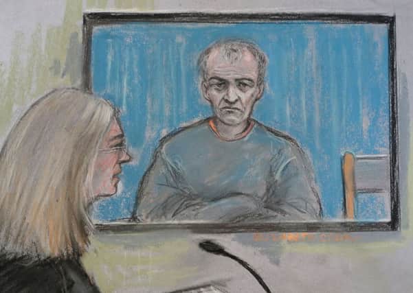 Court artist sketch  of former football coach Barry Bennell appearing via video link at South Cheshire Magistrates Court. Picture: Elizabeth Cook/PA Wire