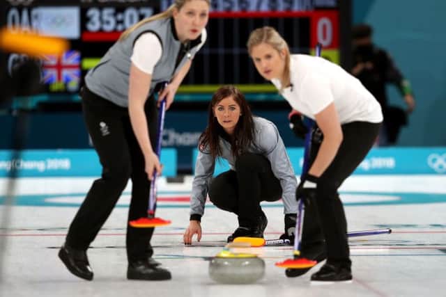 Eve Muirhead is a picture of concentration during the Women's Round Robin Session 1 match with the OAR. Picture: PA