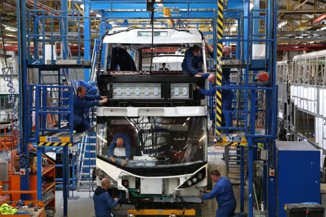 A double decker bus on the production line at the Alexander Dennis factory in Falkirk. Picture: Andrew Milligan/PA