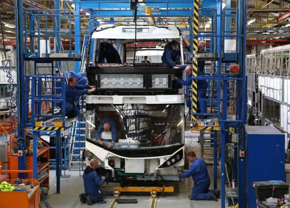 A double decker bus on the production line at the Alexander Dennis factory in Falkirk. Picture: Andrew Milligan/PA