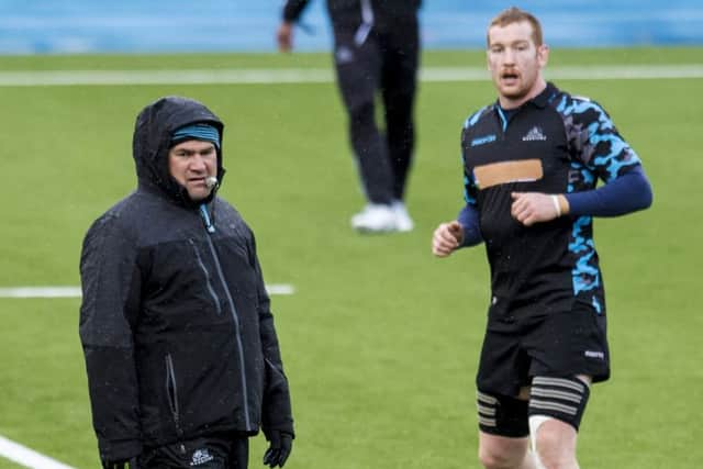 Glasgow Warriors head coach Dave Rennie and Rob Harley train ahead of Friday's Guinness Pro14 match against Toyota Cheetahs. Picture: Craig Williamson/SNS/SRU