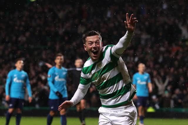 Callum McGregor wheels away after scoring the only goal of the game. Picture: PA