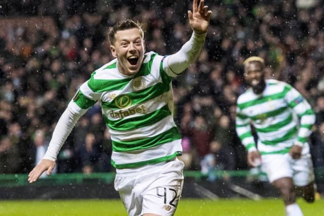 Celtic's Callum McGregor celebrates after he makes it 1-0. Picture: SNS