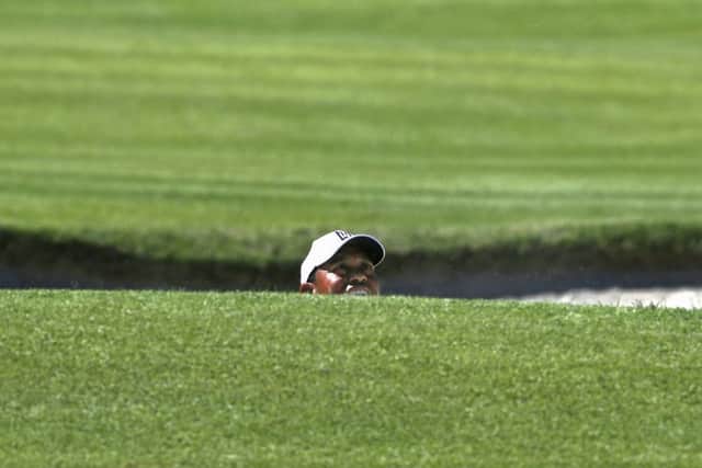 Tiger Woods peers over the lip of a bunker on the first green during the second round of the Genesis Open, where he failed to make the cut. Photograph: Reed Saxon/AP