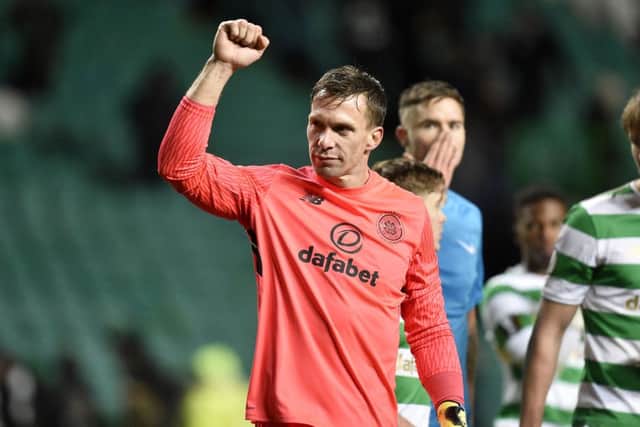 Celtic goalkeeper Dorus De Vries celebrates at full time after the impressive 1-0 victory over Zenit St Petersburg. Photograph: Rob Casey/SNS