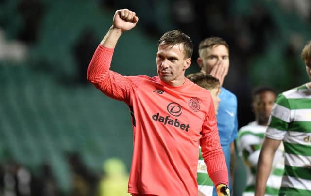 Celtic goalkeeper Dorus De Vries celebrates at full time after the  impressive 1-0 victory over Zenit St Petersburg. Photograph: Rob Casey/SNS
