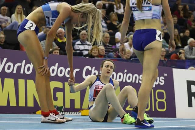 Laura Muir, centre, is congratulated by fellow Scot Eilish McColgan after Muir's victory in the 3000m final at the SPAR British Athletics Indoor Championships in Birmingham. Picture: Michael Steele/Getty Images